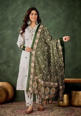 White Motif Cotton Blend Kurta Set