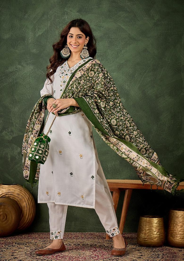 White Motif Cotton Blend Kurta Set - Indya