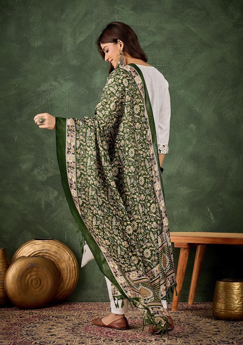 White Motif Cotton Blend Kurta Set - Indya