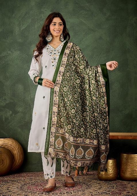 White Motif Cotton Blend Kurta Set