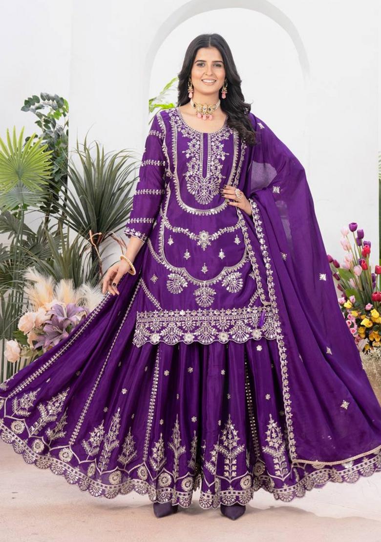 Purple Motif Silk Kurta Set - Indya