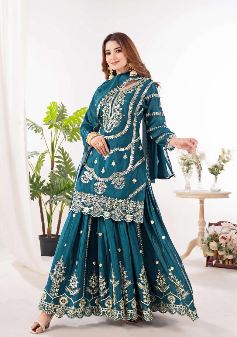 Teal Motif Silk Kurta Set - Indya