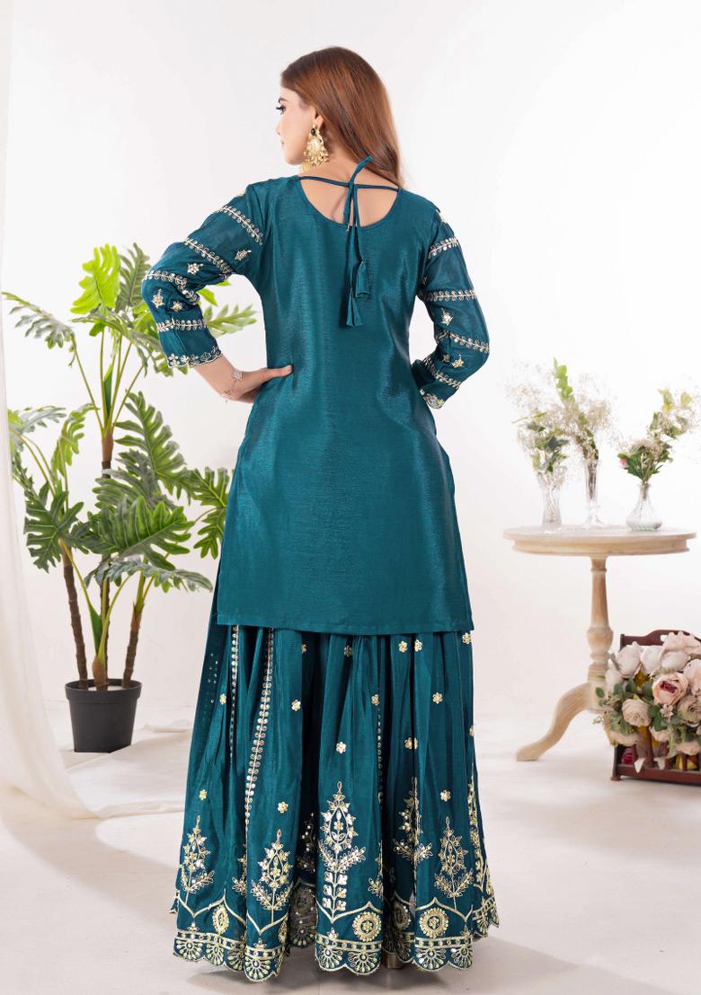 Teal Motif Silk Kurta Set - Indya