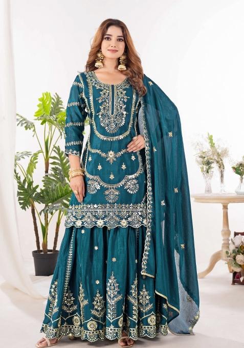 Teal Motif Silk Kurta Set