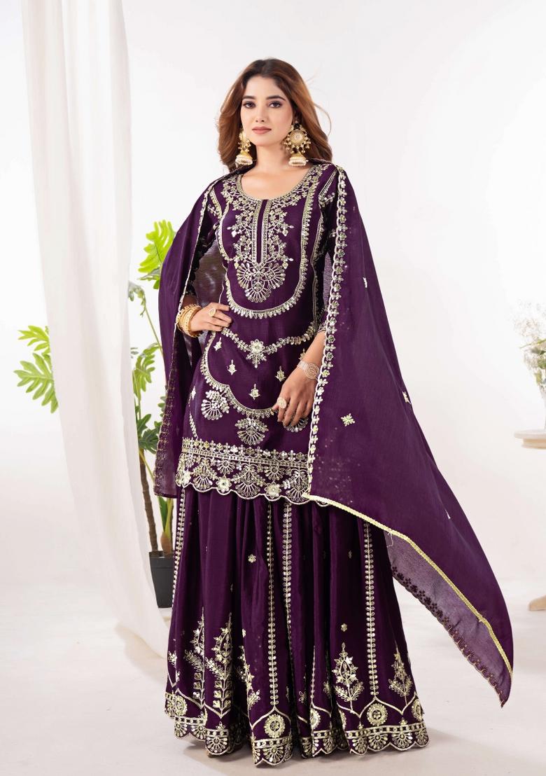 Wine Motif Silk Kurta Set - Indya