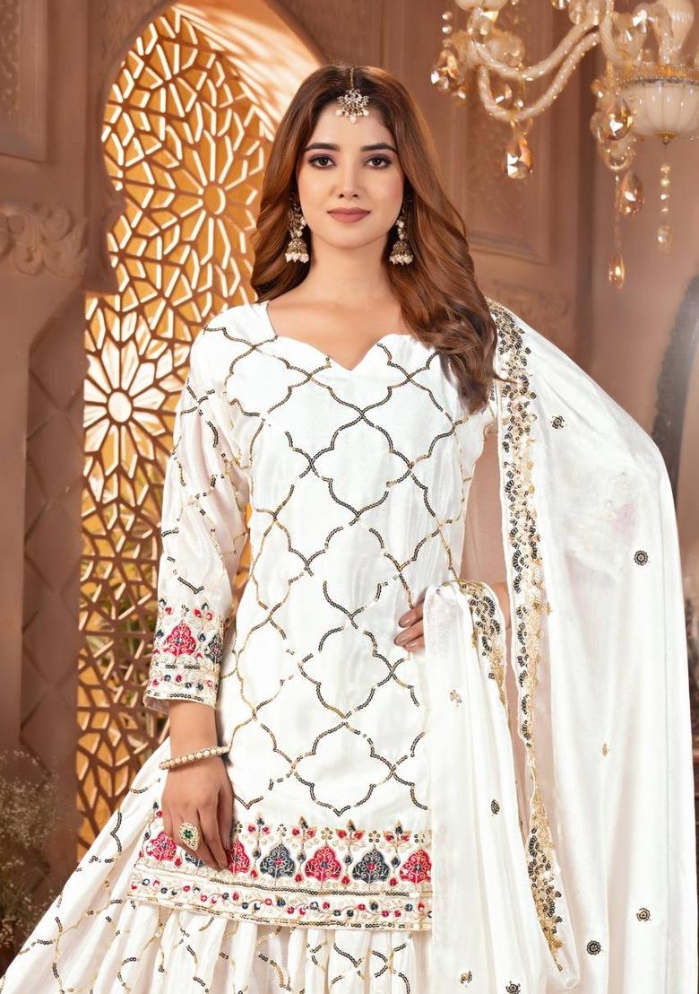 White Motif Silk Kurta Set - Indya