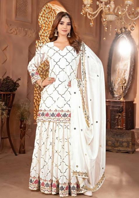 White Motif Silk Kurta Set