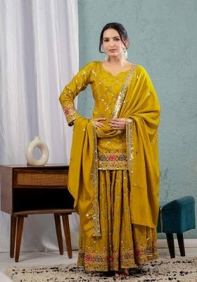 Yellow Motif Silk Kurta Set