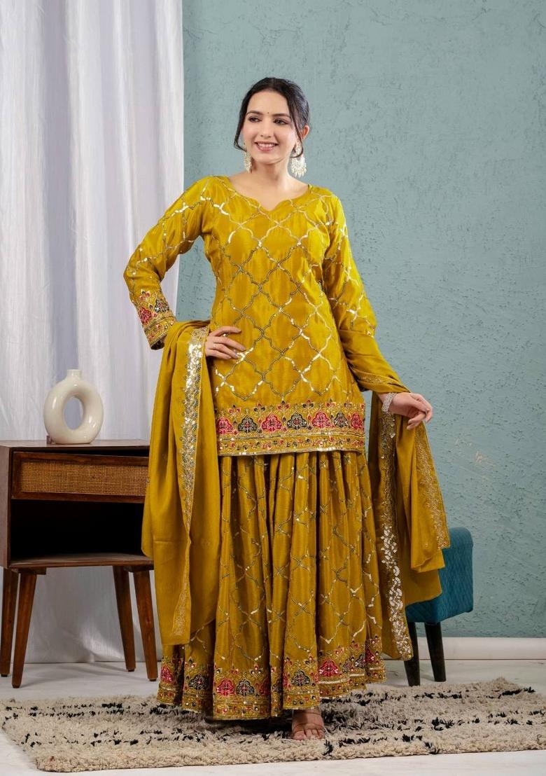 Yellow Motif Silk Kurta Set - Indya