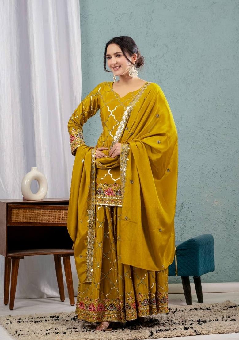 Yellow Motif Silk Kurta Set - Indya