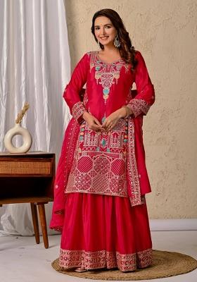 Pink Motif Silk Kurta Set