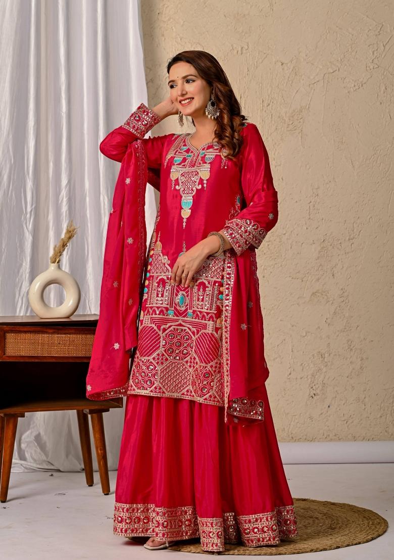 Pink Motif Silk Kurta Set - Indya