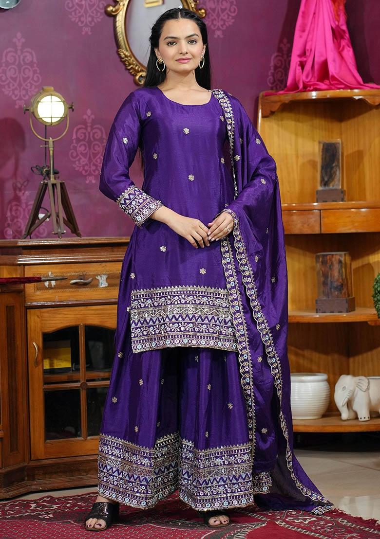Purple Embroidery Chinon Kurta Set - Indya