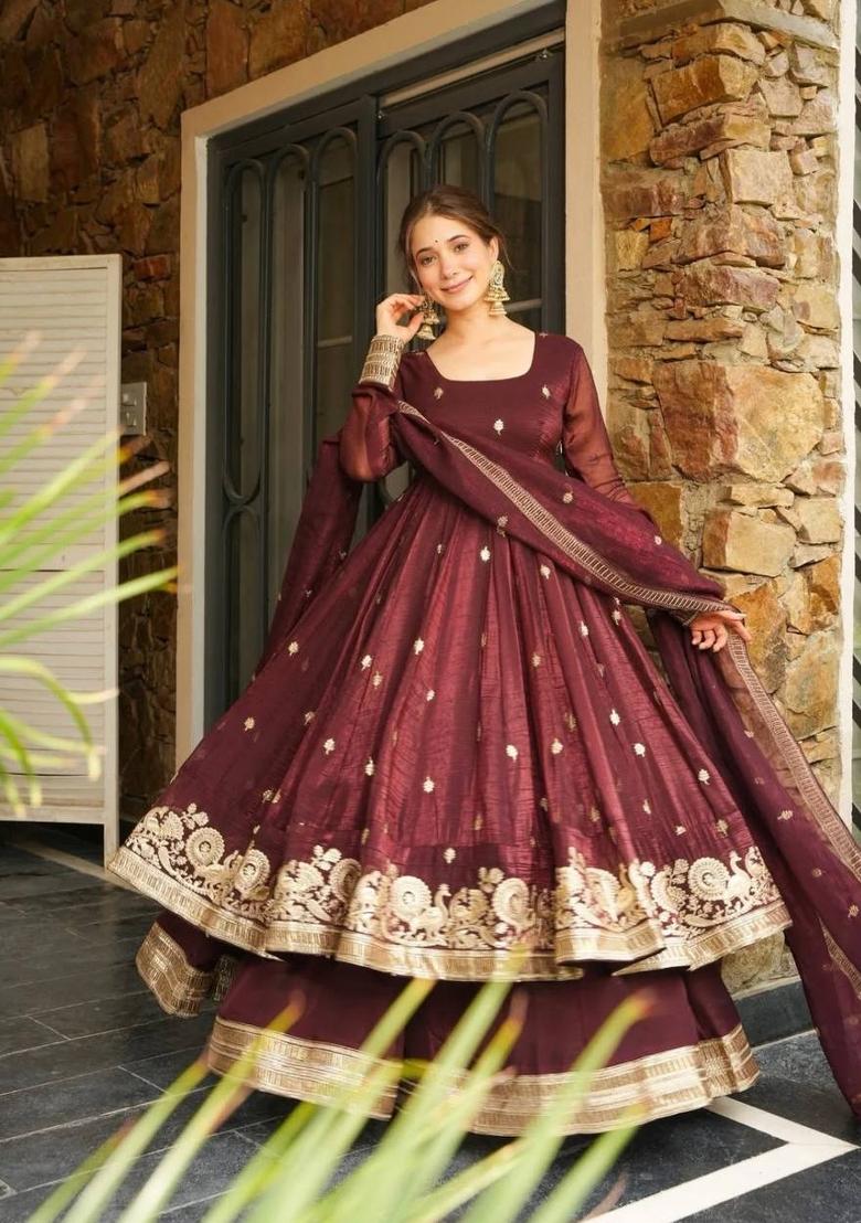 Maroon Embroidery Silk Kurta Set - Indya