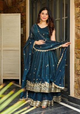 Teal Embroidery Silk Kurta Set