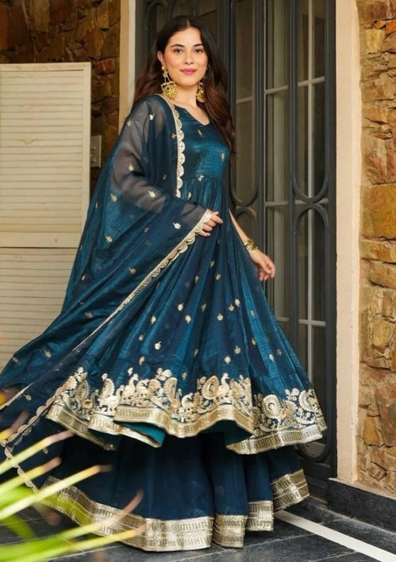 Teal Embroidery Silk Kurta Set - Indya