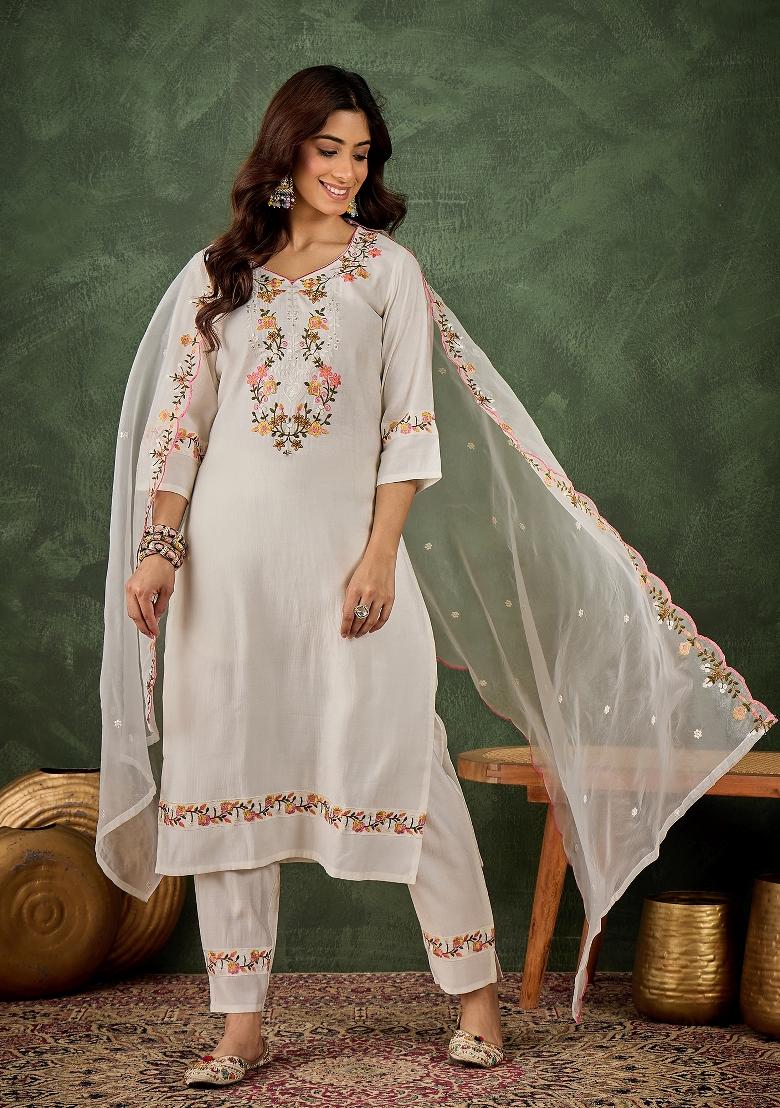 White Motif Viscose Rayon Kurta Set - Indya