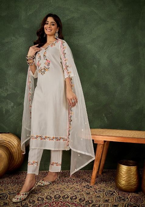 White Motif Viscose Rayon Kurta Set