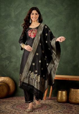 Black Motif Silk Kurta Set