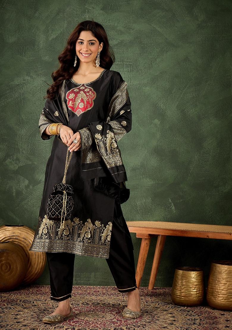 Black Motif Silk Kurta Set - Indya