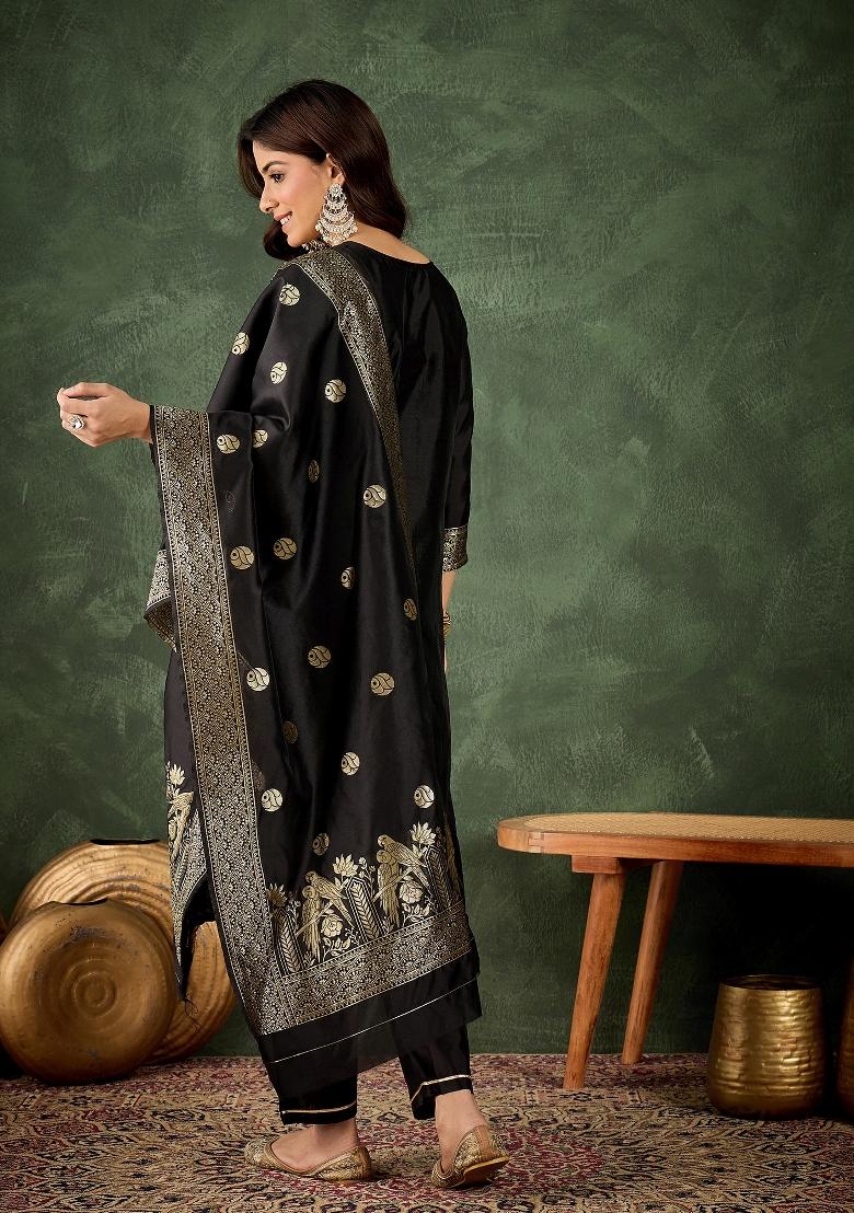 Black Motif Silk Kurta Set - Indya