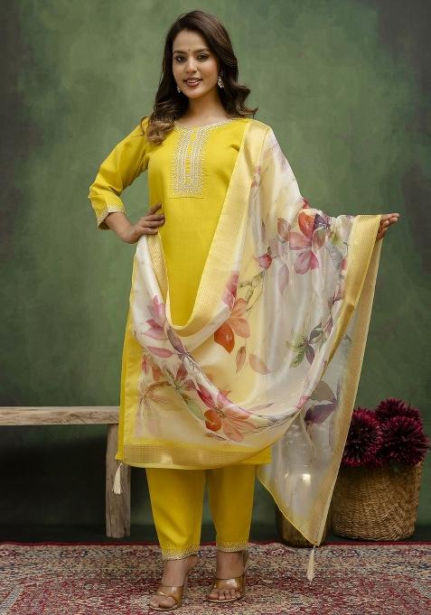 Yellow Motif Cotton Blend Kurta Set
