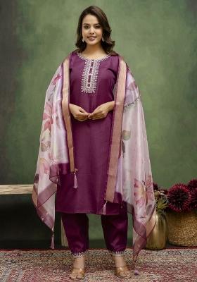 Purple Motif Cotton Blend Kurta Set