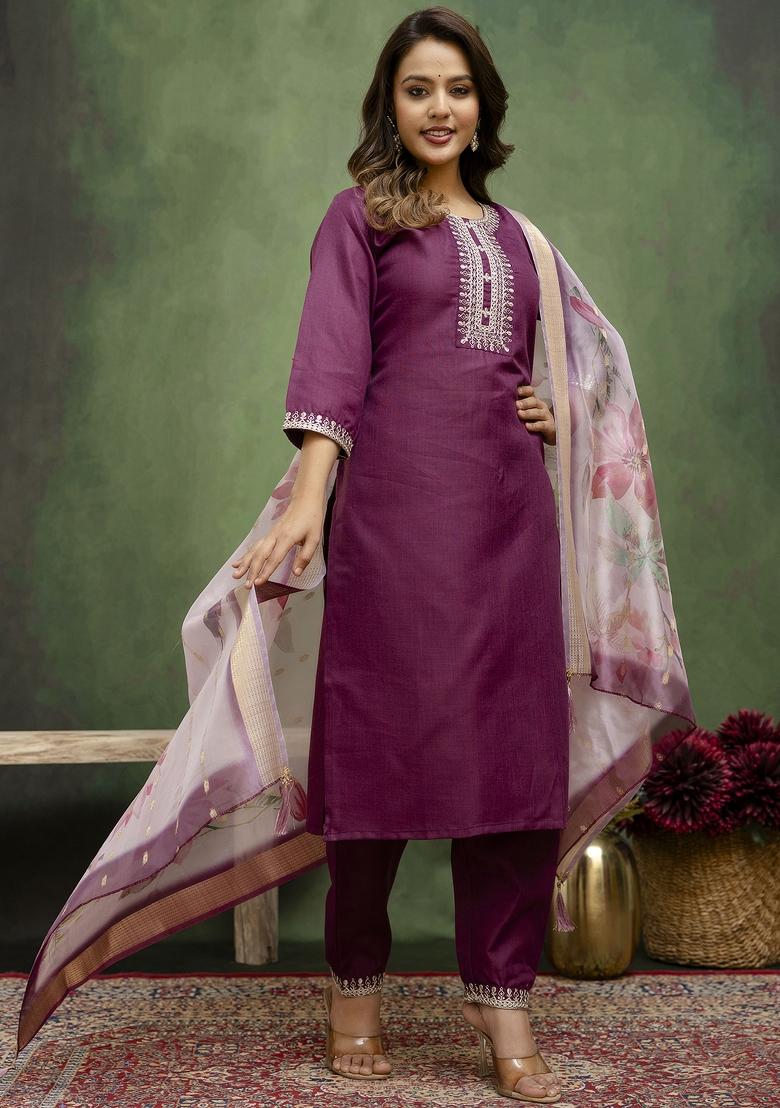 Purple Motif Cotton Blend Kurta Set - Indya