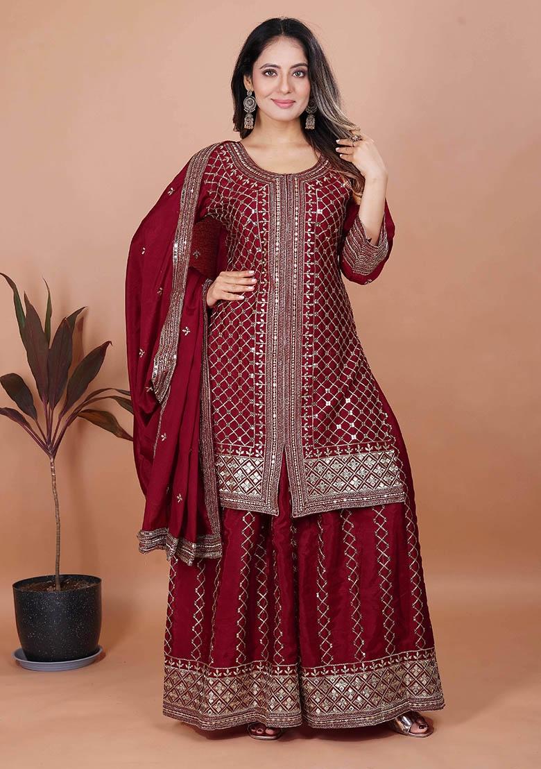 Maroon Embroidery Chinon Kurta Set - Indya