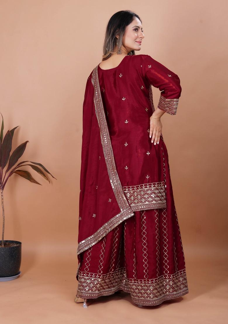 Maroon Embroidery Chinon Kurta Set - Indya