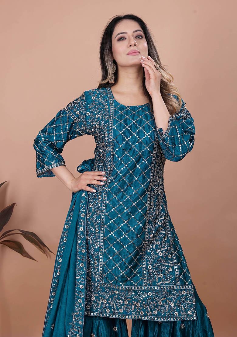 Teal Embroidery Chinon Kurta Set - Indya