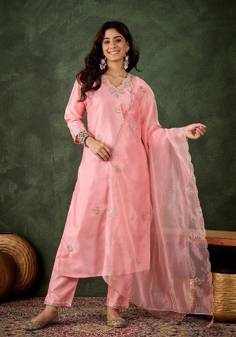 Pink Motif Silk Kurta Set
