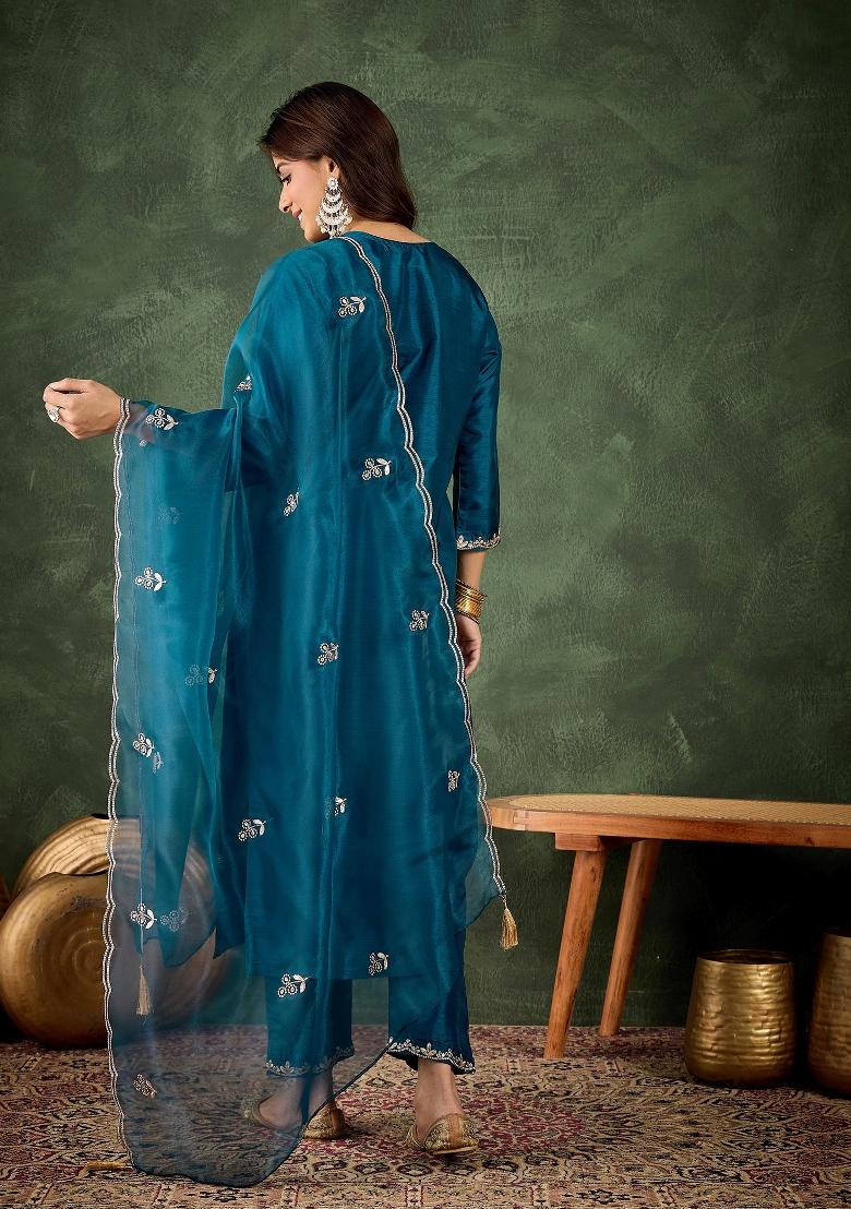 Teal Motif Silk Kurta Set - Indya