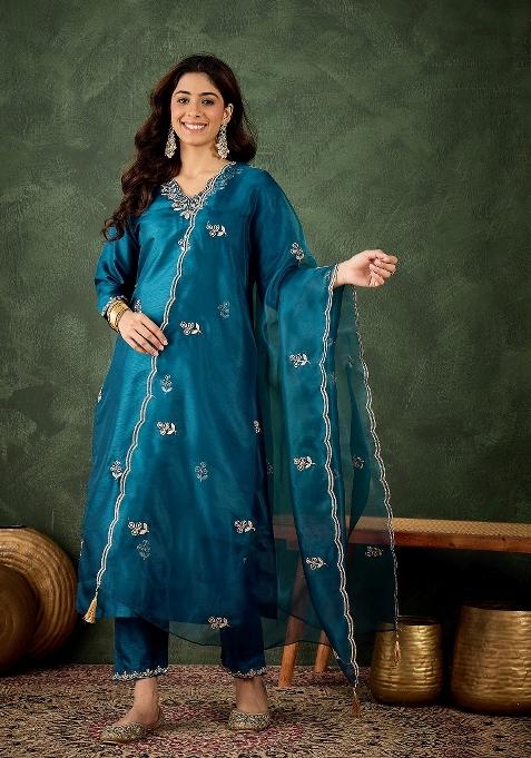 Teal Motif Silk Kurta Set