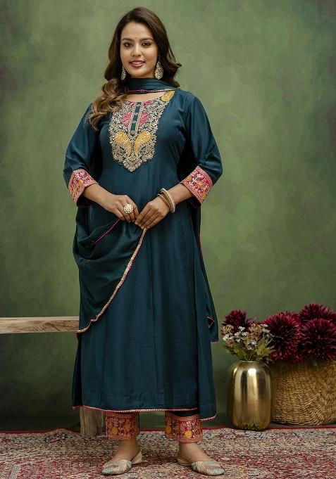 Teal Motif Viscose Rayon Kurta Set