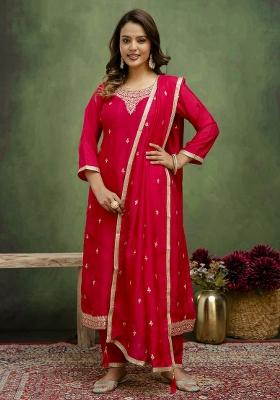 Rani Pink Motif Silk Kurta Set