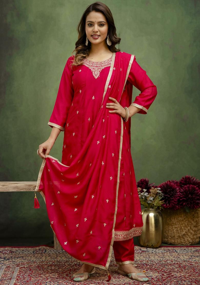 Rani Pink Motif Silk Kurta Set - Indya