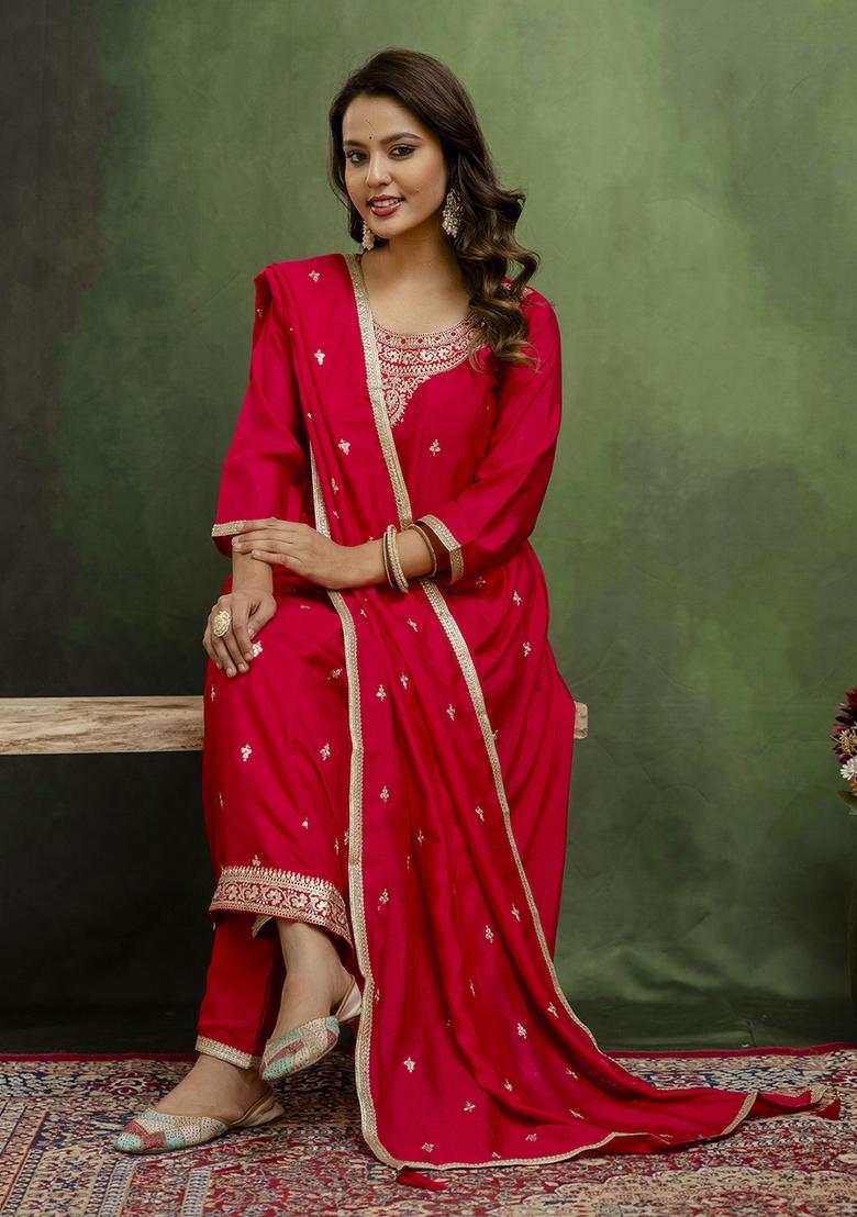 Rani Pink Motif Silk Kurta Set - Indya