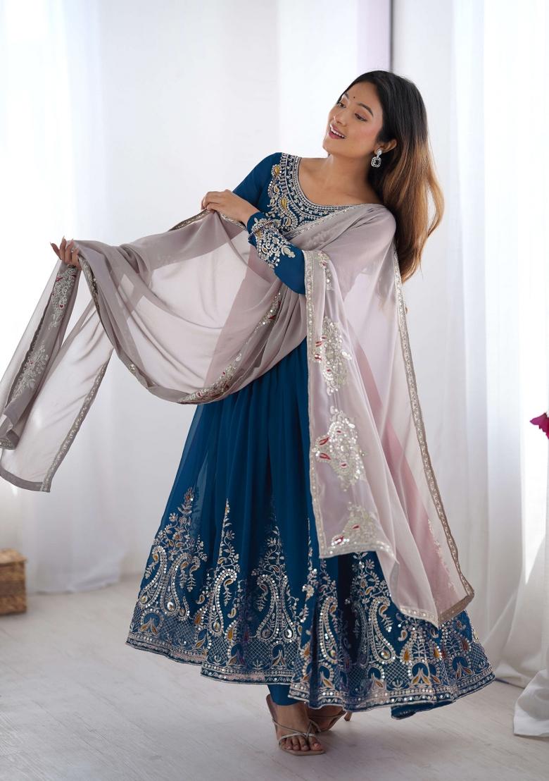 Blue Embroidery Georgette Kurta Set - Indya