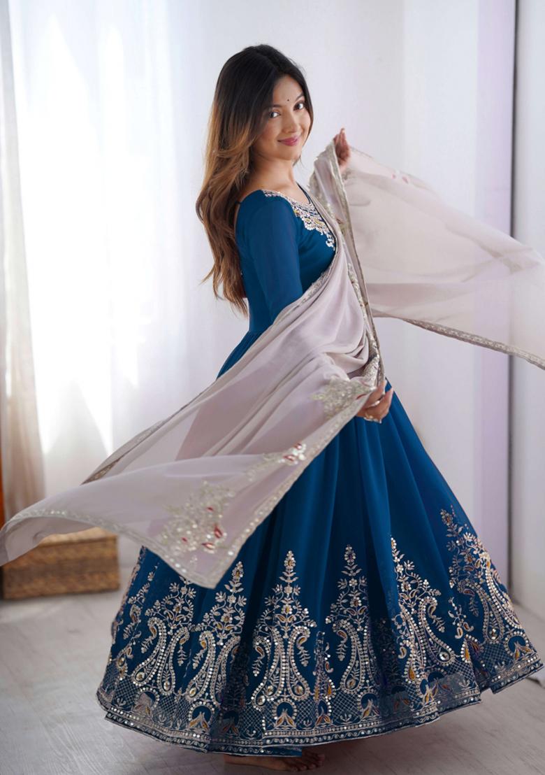 Blue Embroidery Georgette Kurta Set - Indya