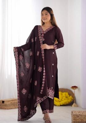 Brown Motif Silk Kurta Set