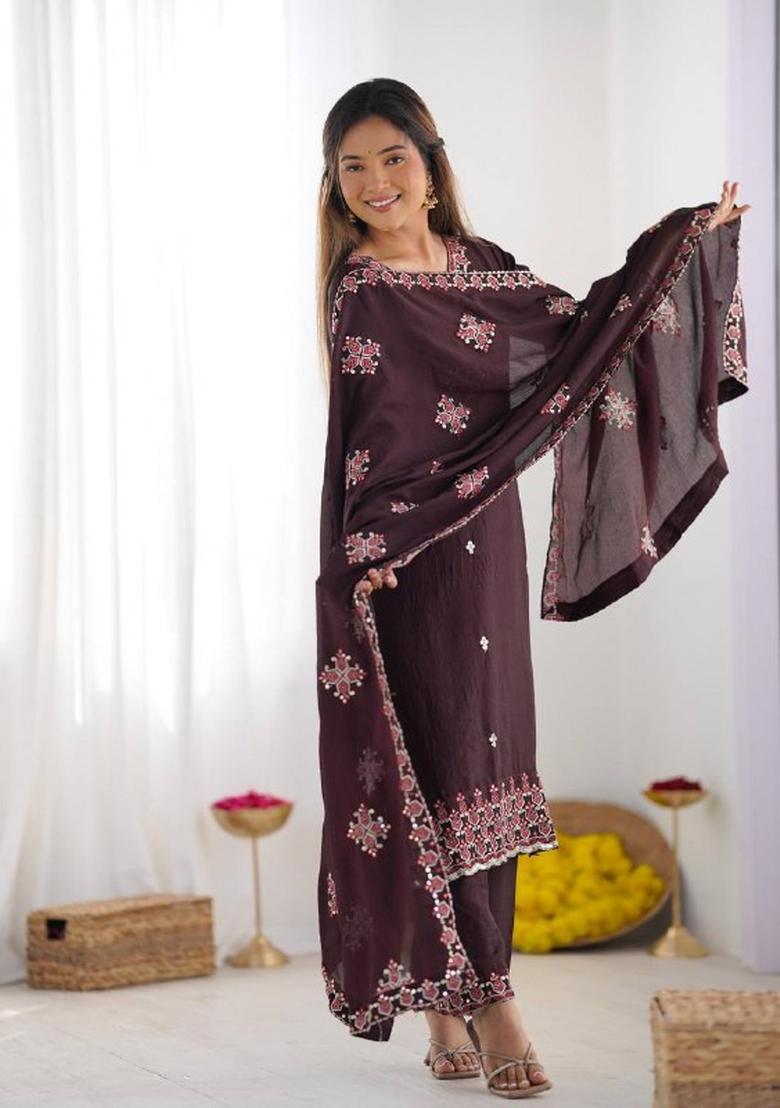 Brown Motif Silk Kurta Set - Indya