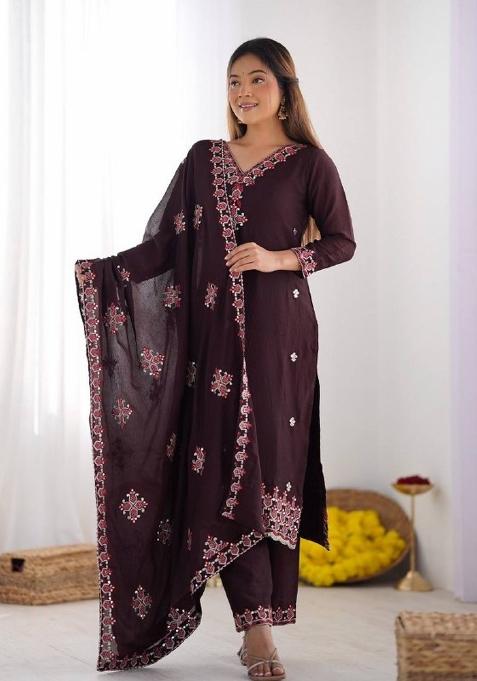 Brown Motif Silk Kurta Set