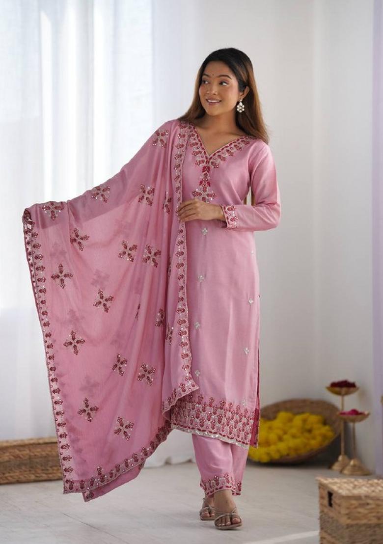 Light Pink Motif Silk Kurta Set - Indya