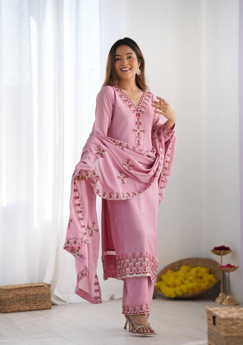 Light Pink Motif Silk Kurta Set - Indya