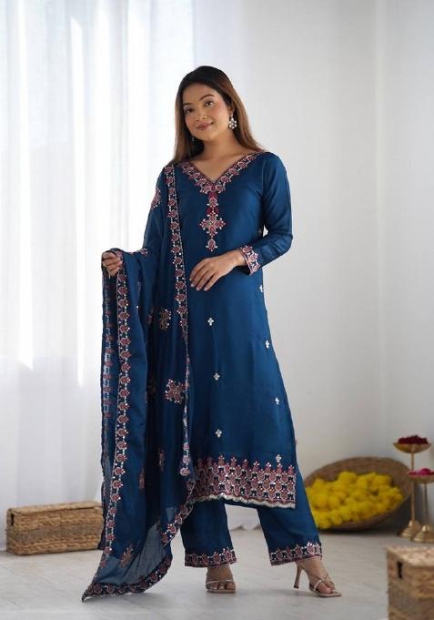 Teal Motif Silk Kurta Set