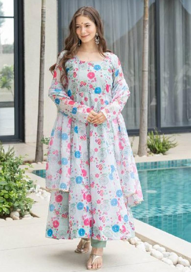 Off White Motif Soft Organza Kurta Set - Indya