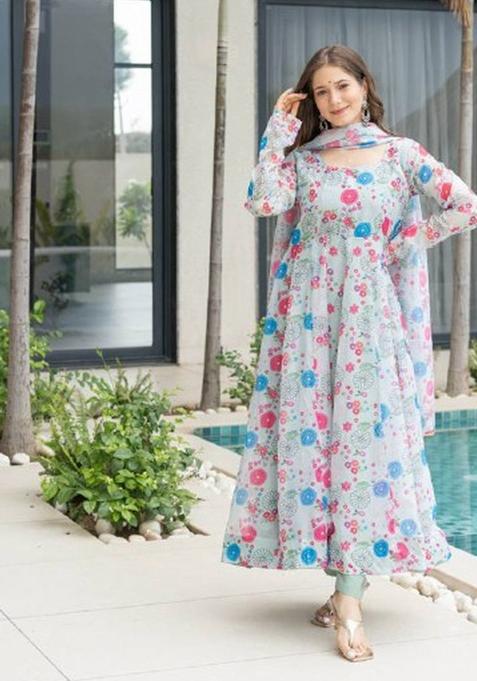 Off White Motif Soft Organza Kurta Set