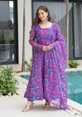 Purple Motif Soft Organza Kurta Set