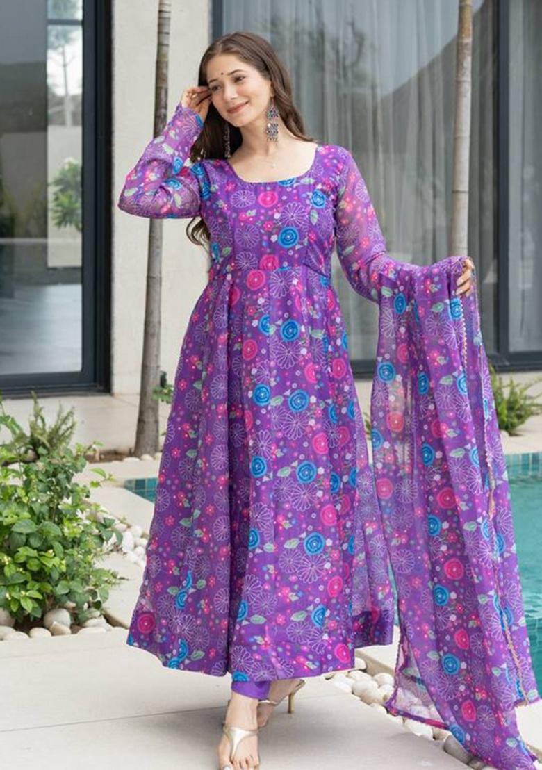 Purple Motif Soft Organza Kurta Set - Indya